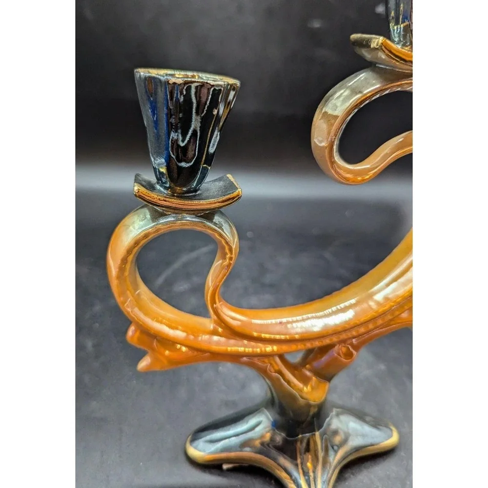 Vintage Orange Lusterware Ceramic Candelabra 9.75